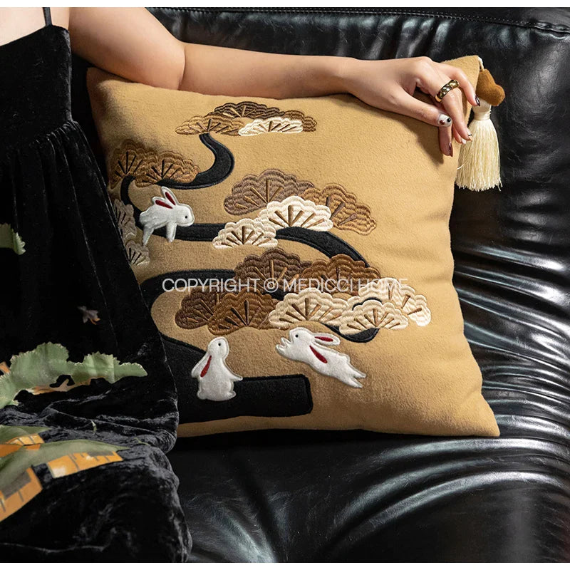 Afralia™ Lucky Rabbit Pine Forests Embroidery Silk Velvet Pillowcase with Tassels
