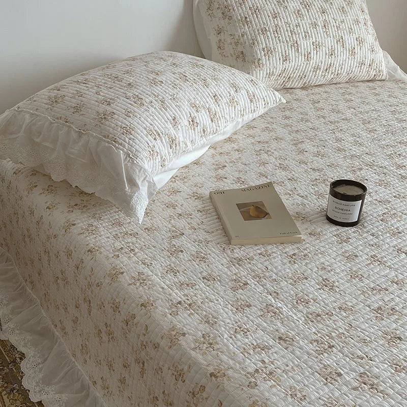 Afralia™ Floral Lace Ruffles Cotton Bedspread Set with Quilted Design & Pillowcases