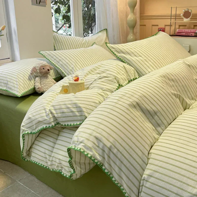 Afralia™ Striped Shell Edge Bedding Set | Cozy Washed Cotton Fitted Sheet Set