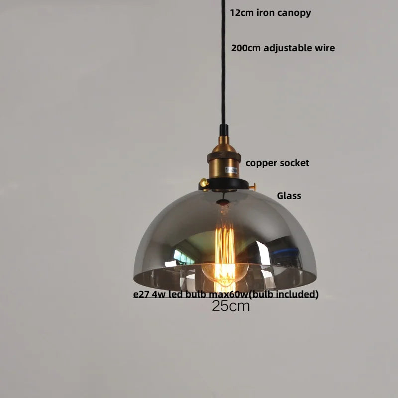 Afralia™ Loft Smoke Gray Glass LED Pendant Lamp - Vintage Brass Hanging Light