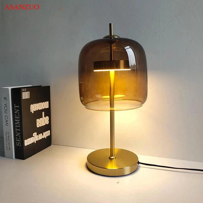 Afralia™ Nordic Smoke Glass LED Table Lamp Modern Living Bedroom Decor Lighting