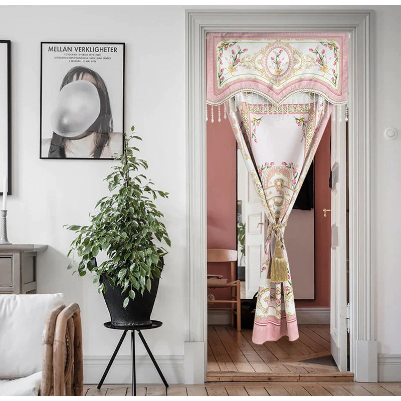 Afralia™ Pink Velvet Rococo Curtains with Crystal Tassels - Vintage Floral Print