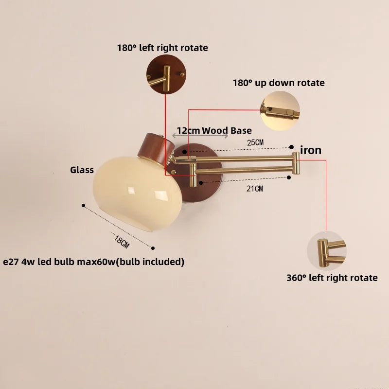 Afralia™ Modern Glass Swimg Arm LED Wall Lights for Study Bar Hotel Rotate Wood Bedside Lamp