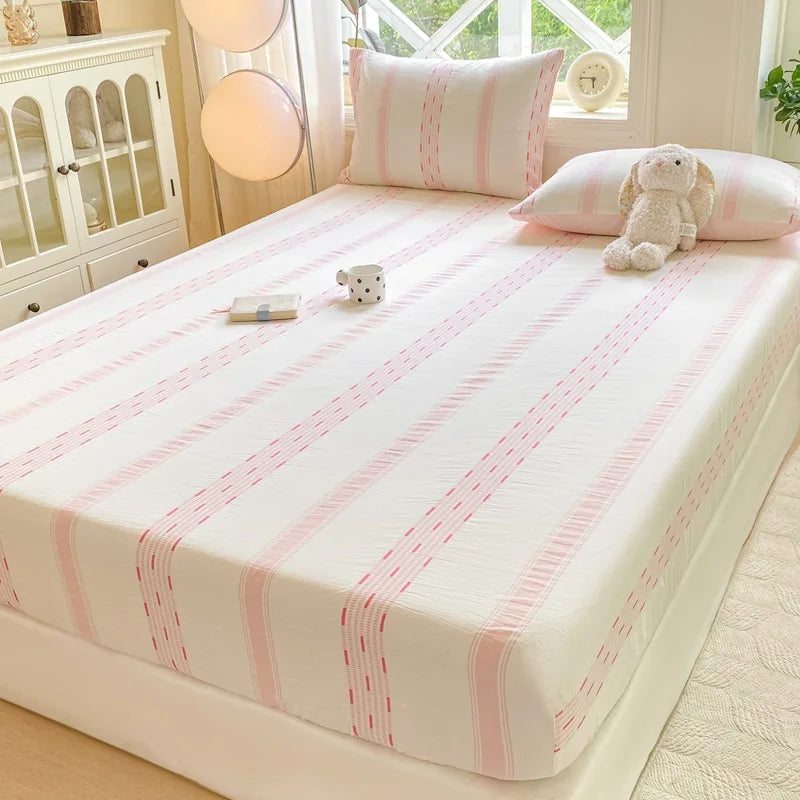 Afralia™ Cotton Jacquard Fitted Sheet Set with 2 Pillowcases, Dustproof & Anti-Slip