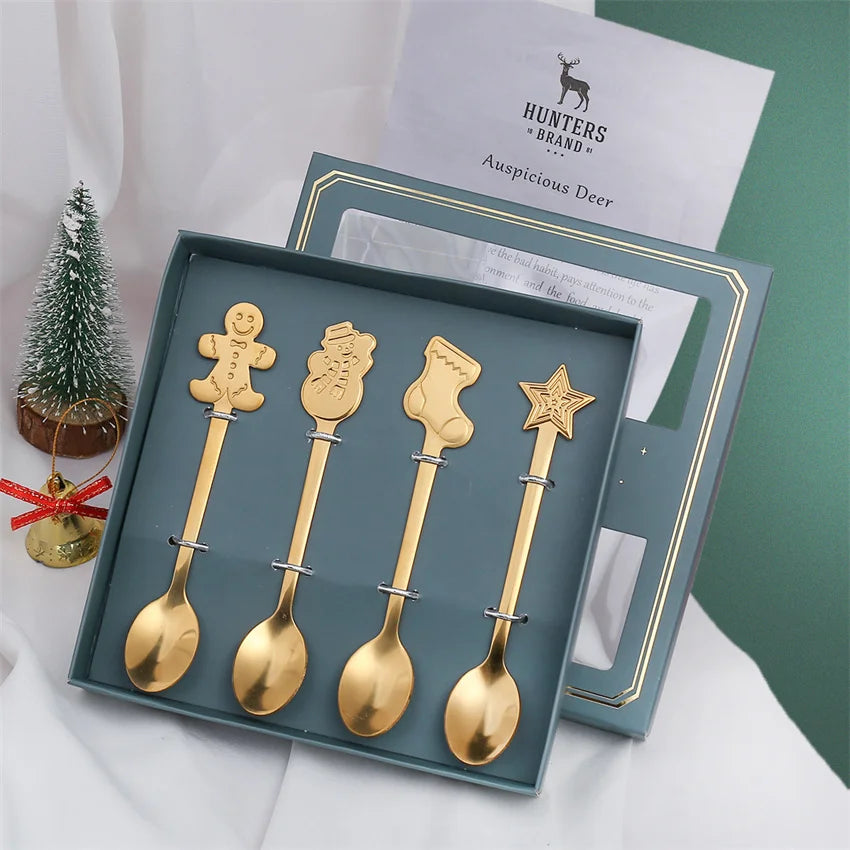 Afralia™ Christmas Coffee Spoons Gift Box - Stainless Steel Festive Cutlery Spoon Set