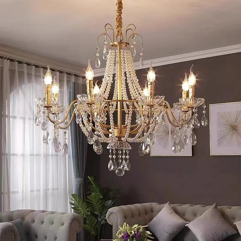 Afralia™ Gold Crystal Pearl Chandelier LED Pendant Lights Luxe Living Room Decor