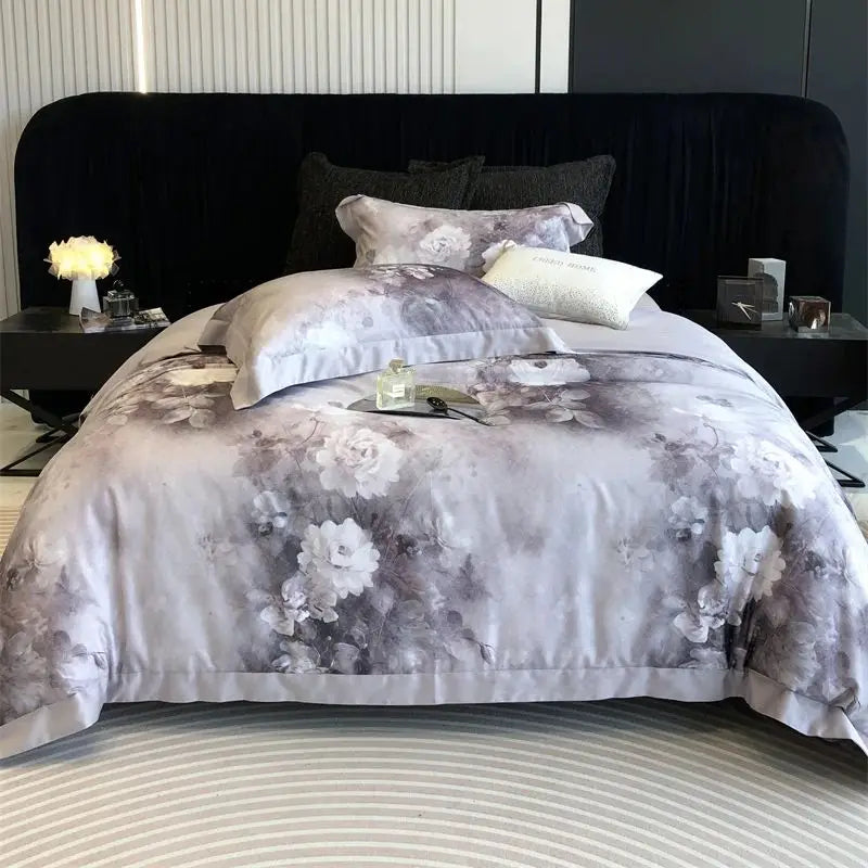 Afralia™ Flowers Pattern Brushed Bedding Set: Duvet Cover, Bed Sheet, Fitted Sheet, Pillowcase 4Pcs
