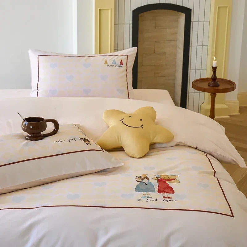 Afralia™ Luxury Embroidered Cotton Duvet Set with Sheet Quilt Pillowcases - Premium Bedding