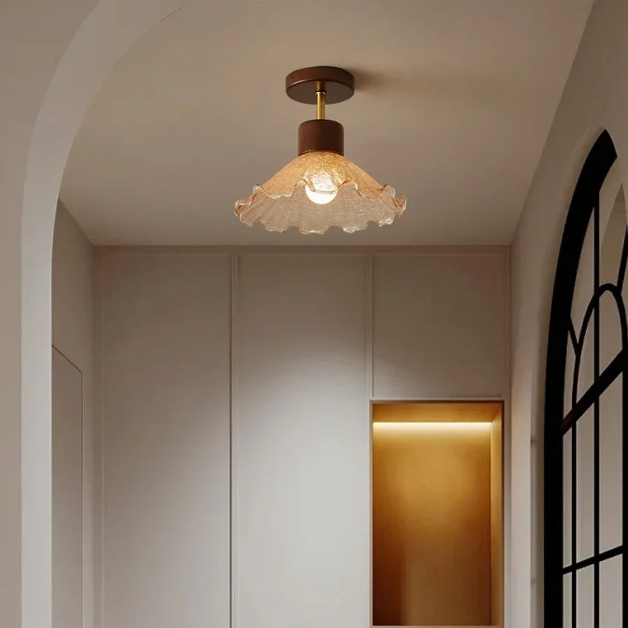 Afralia™ Amber Glass Wood LED Ceiling Light Fixture for Modern Living Room.