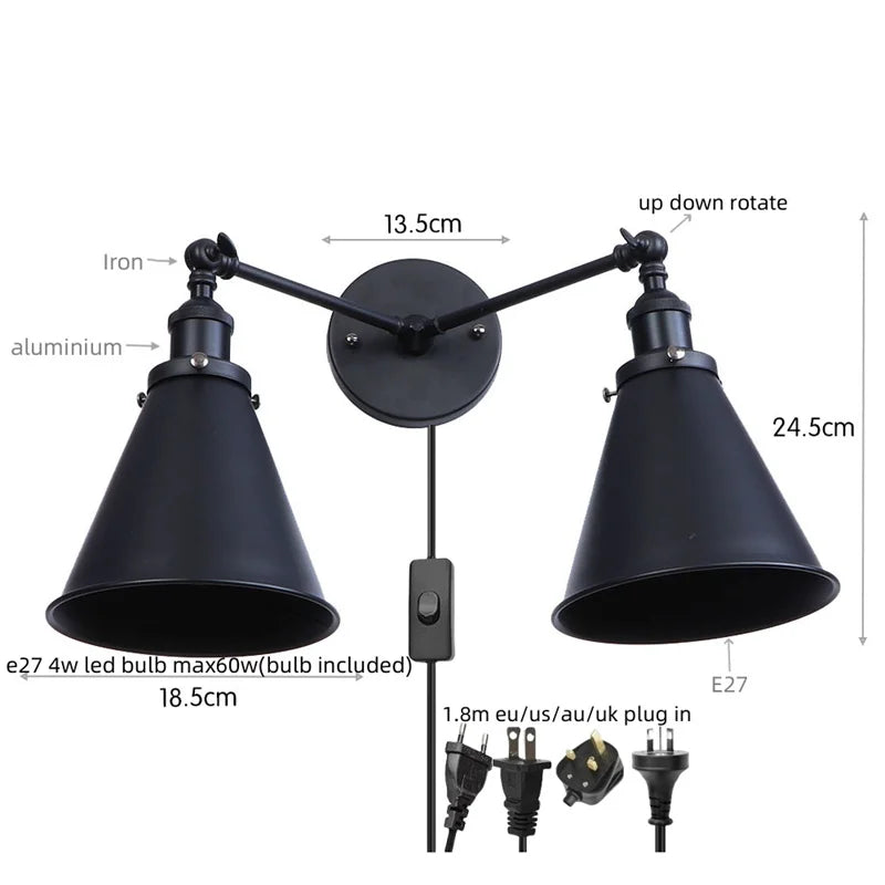 Afralia™ Loft Plug-in LED Wall Lamps Industrial Silver Vintage 2 Heads Lighting