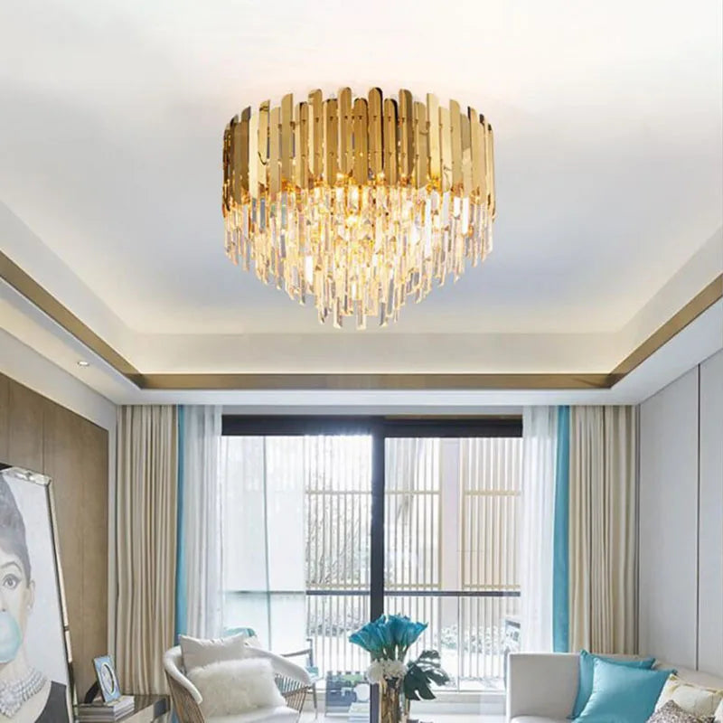 Afralia™ Golden LED Crystal Ceiling Light for Luxury Living Room, Modern Round Crystal Lamp