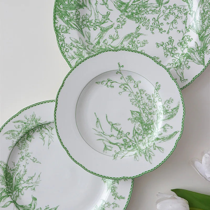 Afralia™ Lily Of The Valley Porcelain Plates, Medieval Pastoral Tableware, Green Dining Collection