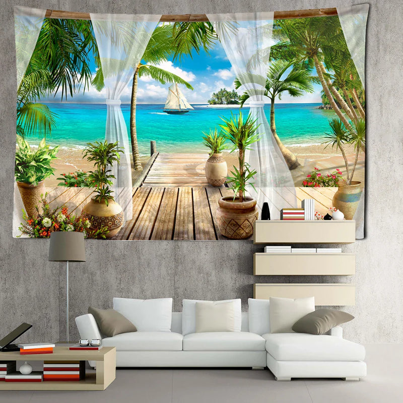 Beach Plank Path Tapestry - Afralia™ Tropical Landscape Art for Minimalist Room Decor