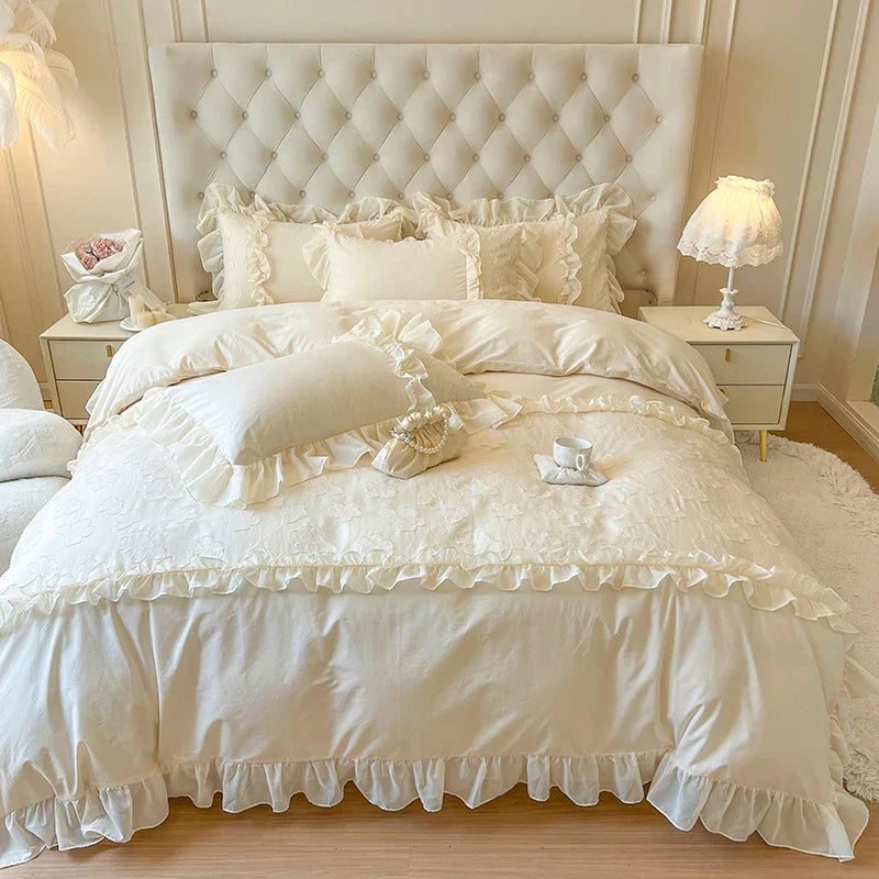 Afralia™ Princess Flowers Lace Ruffles Bedding Set: 100% Cotton Duvet Cover, Fitted Sheet, Bed Sheet, Pillowcases