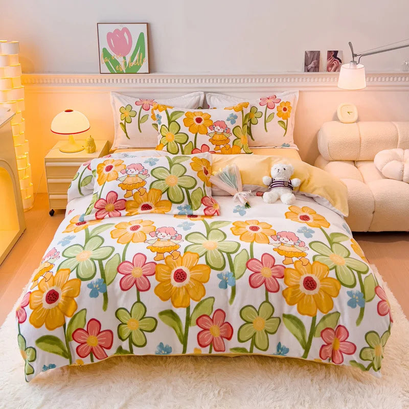 Afralia™ Winter Cartoon Crystal Velvet Bedding Set - Queen Size Warm Duvet Cover