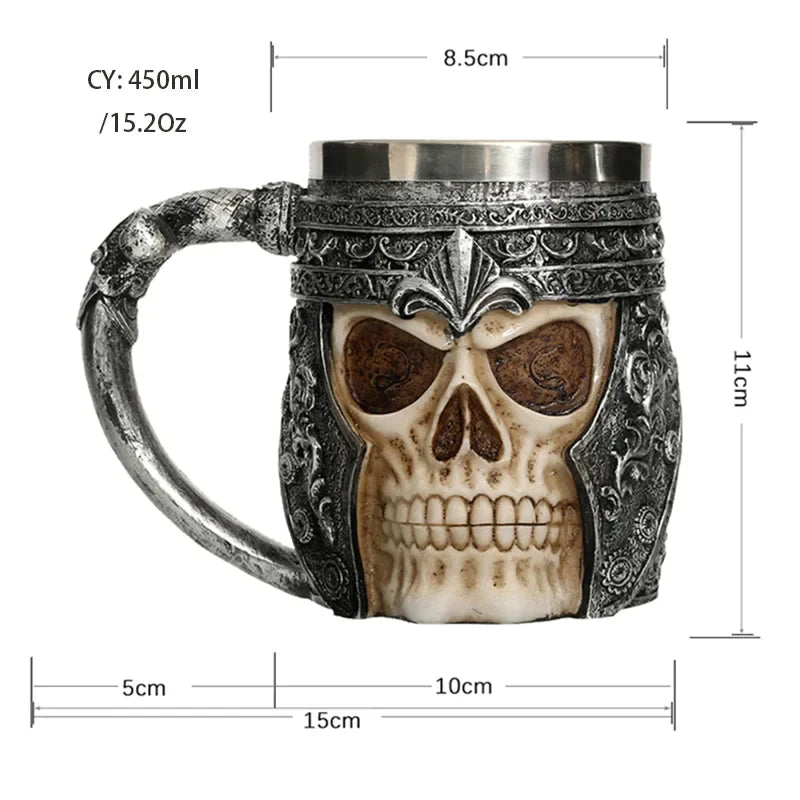 Gothic Skull Resin Stainless Steel Beer Mug by Afralia™ - Dragon Knight Tankard for Halloween and Christmas