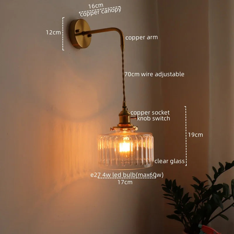 Afralia™ Vintage Green Glass Copper LED Wall Lights Pull Chain Switch Hallway Bedroom Balcony Wall Lamp