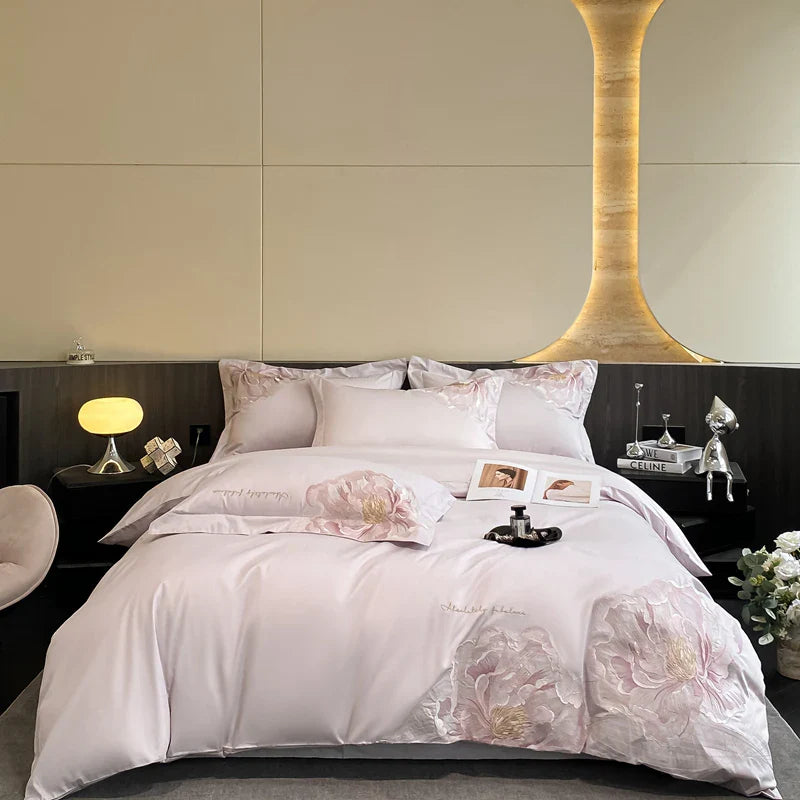 Luxury Flowers Embroidery Bedding Set by Afralia™: Duvet, Sheet, Pillowcases 4Pcs