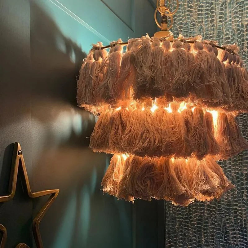 Afralia™ Tassel Chandelier: Woven LED Boho Lamp for Dining Bedroom Kitchen Island