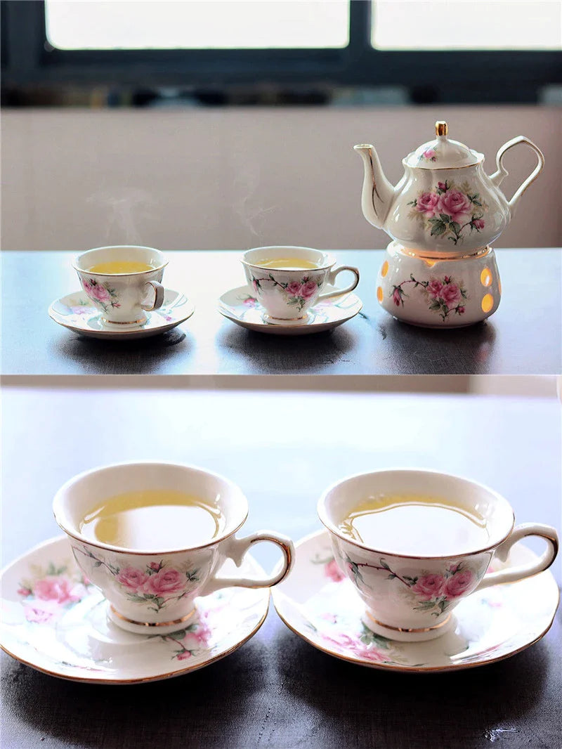 Afralia™ Pink Camellia Tea Set: 500ML Teapot, Warmer, Cup, Saucer - Ceramic Teaware