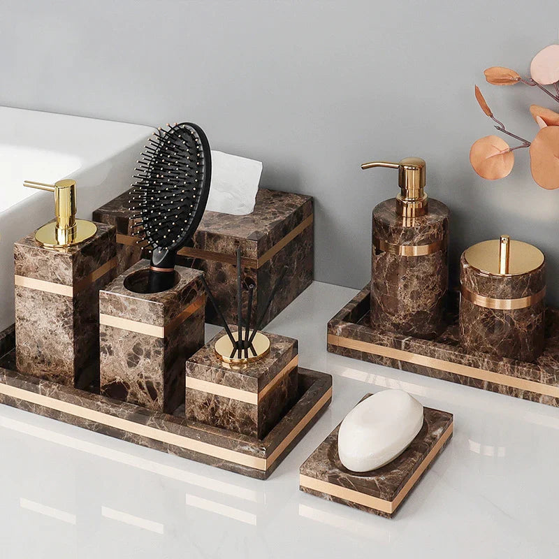 Afralia™ Emperador Dark Marble Bathroom Set: Toothbrush Holder, Soap Dispenser, Luxury Accessories