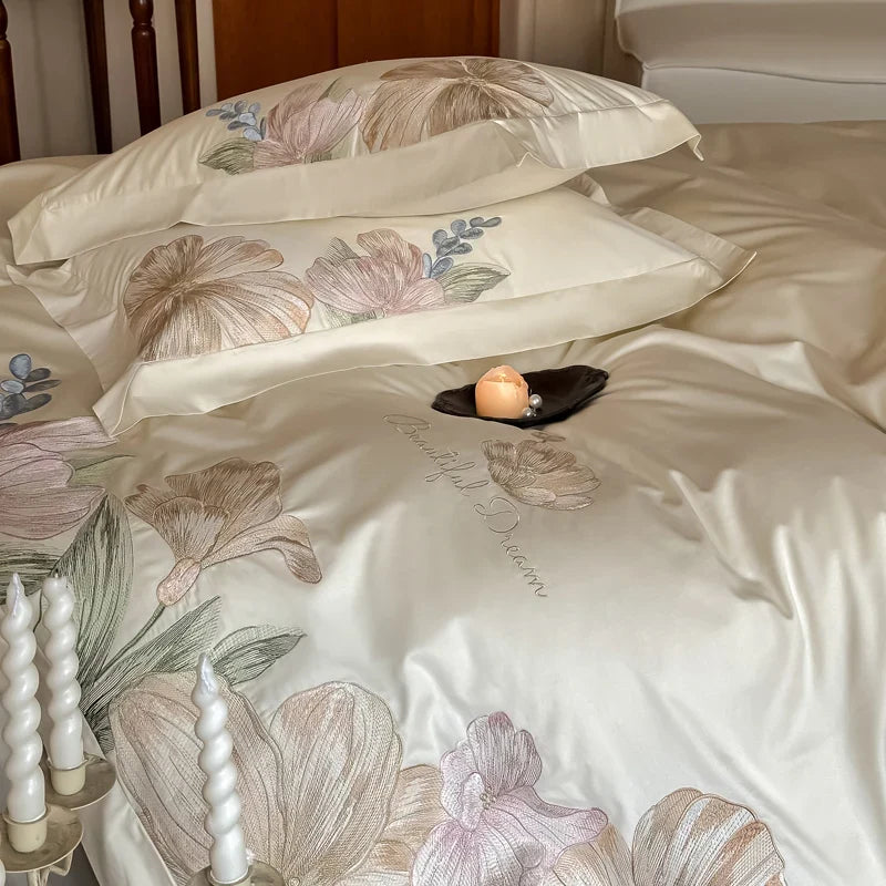 Afralia™ Luxury Flowers Embroidery Bedding Set Cream White 1000TC Egyptian Cotton Princess Suite