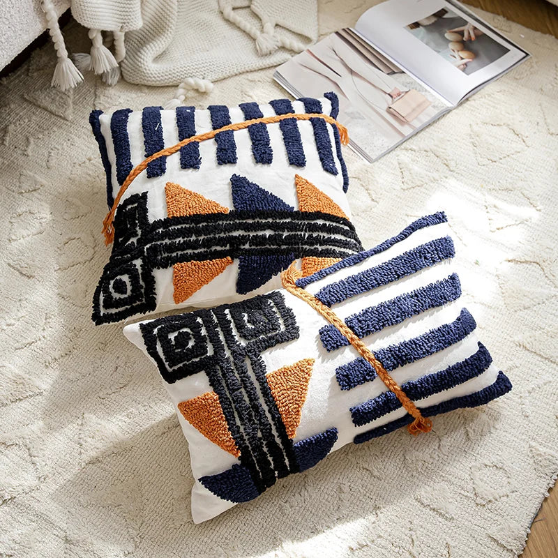 Afralia™ Boho Tufted Pillow Cover Navy Burnt Orange 45x45cm Square for Home Decoration