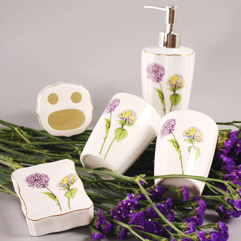 Afralia™ Ceramic Bathroom Set: Toothbrush Holder, Tumbler, Lotion Dispenser, Soap Dish, Storage