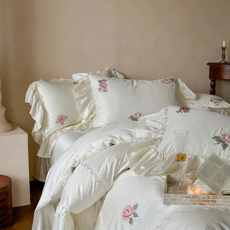 Afralia™ Vintage Lace Ruffles Embroidery Bedding Set with 1000TC Egyptian Cotton
