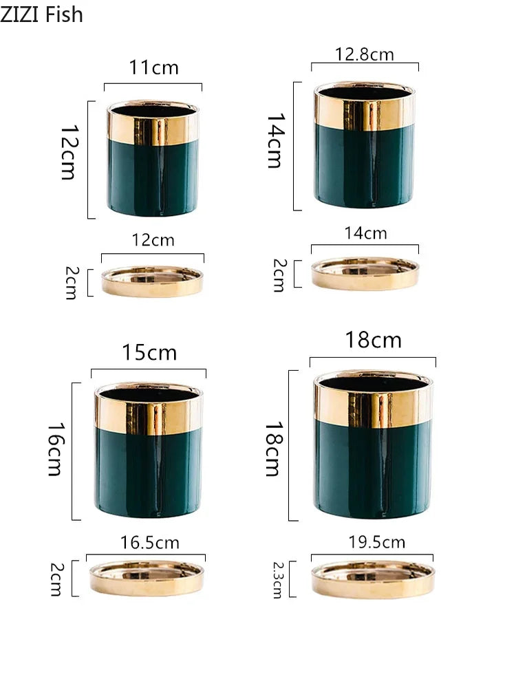 Afralia™ Luxury Emerald Ceramic Flowerpot with Gilded Border for Home and Office Decor