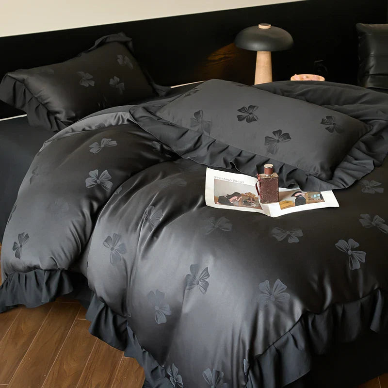 Afralia™ Princess Ruffles Bow Jacquard Cotton Bedding Set with Duvet Cover, Sheet, Pillowcases