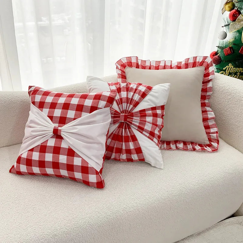 Afralia™ Festive Velvet Bow Patchwork Cushion Cover 45*45, Christmas Decor Pillowcase