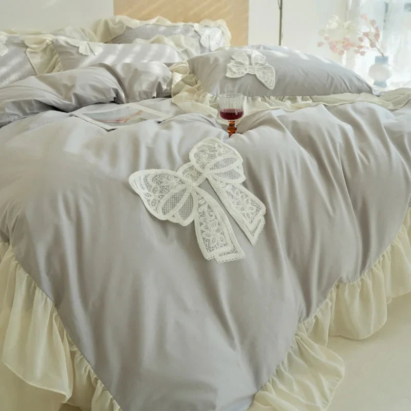 Afralia™ Korean Lace Ruffles Queen Size Duvet Cover with Bow Detail - Romantic French Design