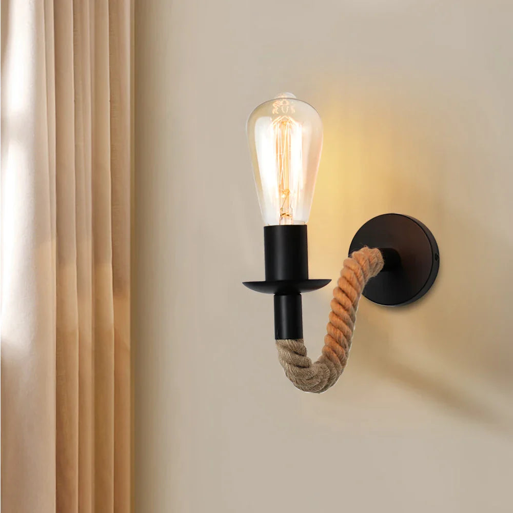Afralia™ Hemp Rope Wall Lamp E27 Indoor Outdoor Loft Industrial Sconce Bedside Lamp