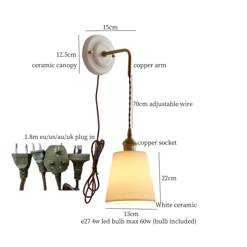 Afralia™ Ceramic Canopy LED Wall Lamp Copper Arm Modern Home Decor Applique Murale