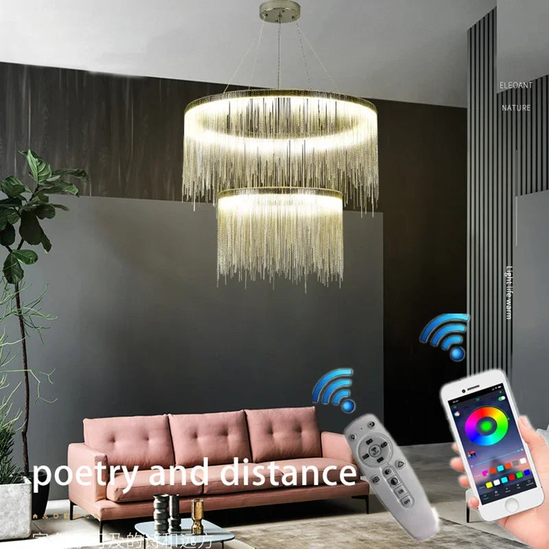 Afralia™ Gold Chain Chandelier Pendant Light w/ Remote, Modern Tassel Design for Kitchen & Living Room