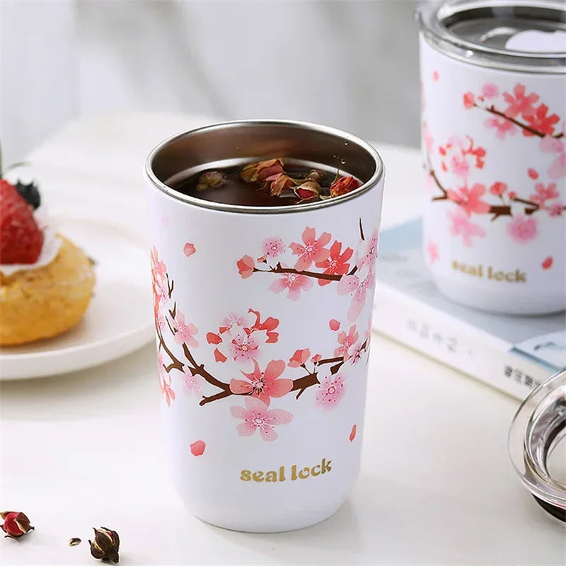 Afralia™ Cherry Blossom Stainless Steel Thermal Travel Mug with Leak-Proof Lid & Straw