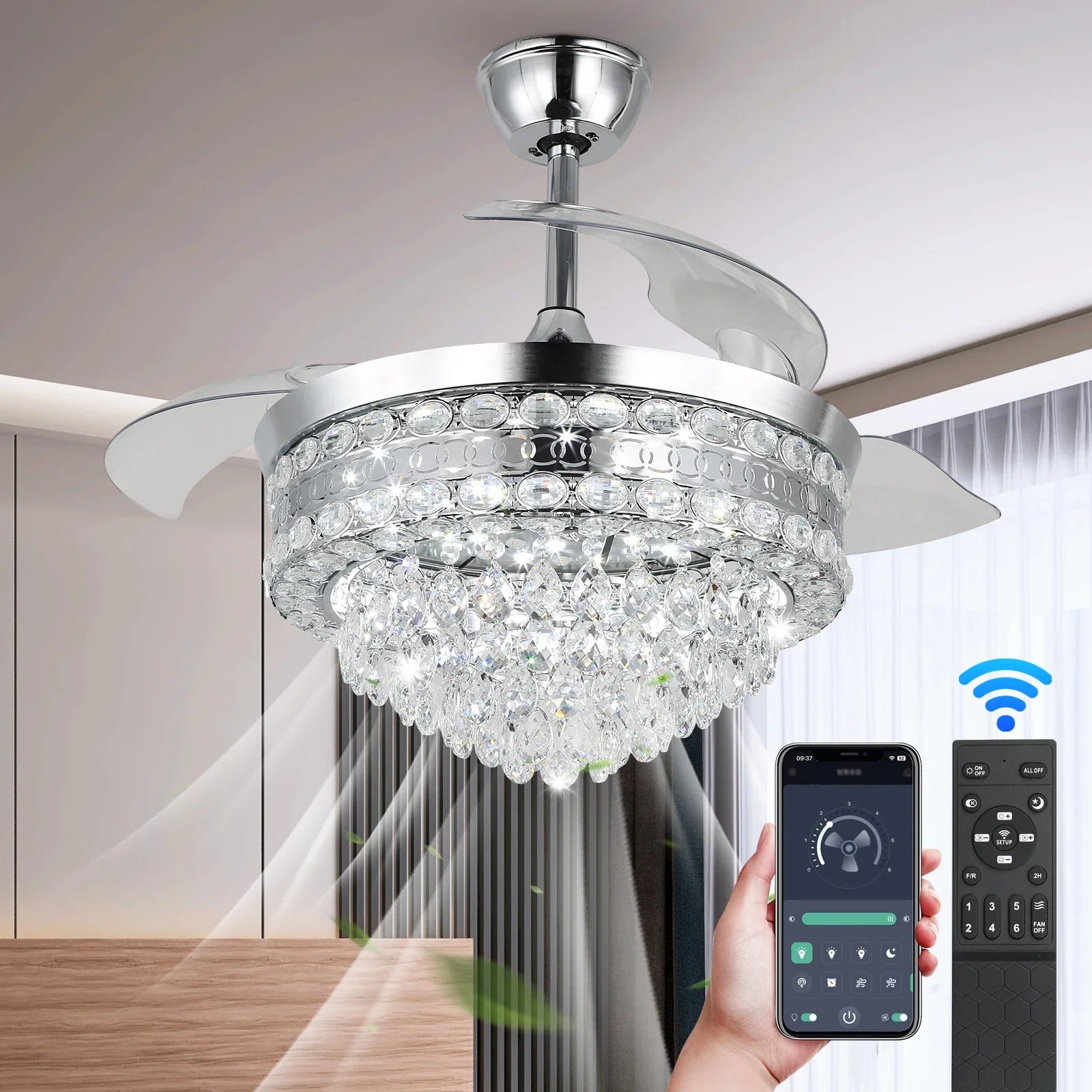 Afralia™ Modern Crystal Chandelier Fan with Retractable Blades and Dimmable LED Light