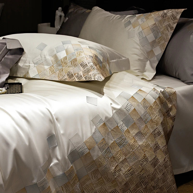 Afralia™ 4-Piece Luxury Embroidery Bedding Set in Pearl White/Grey Satin Brocade Cotton