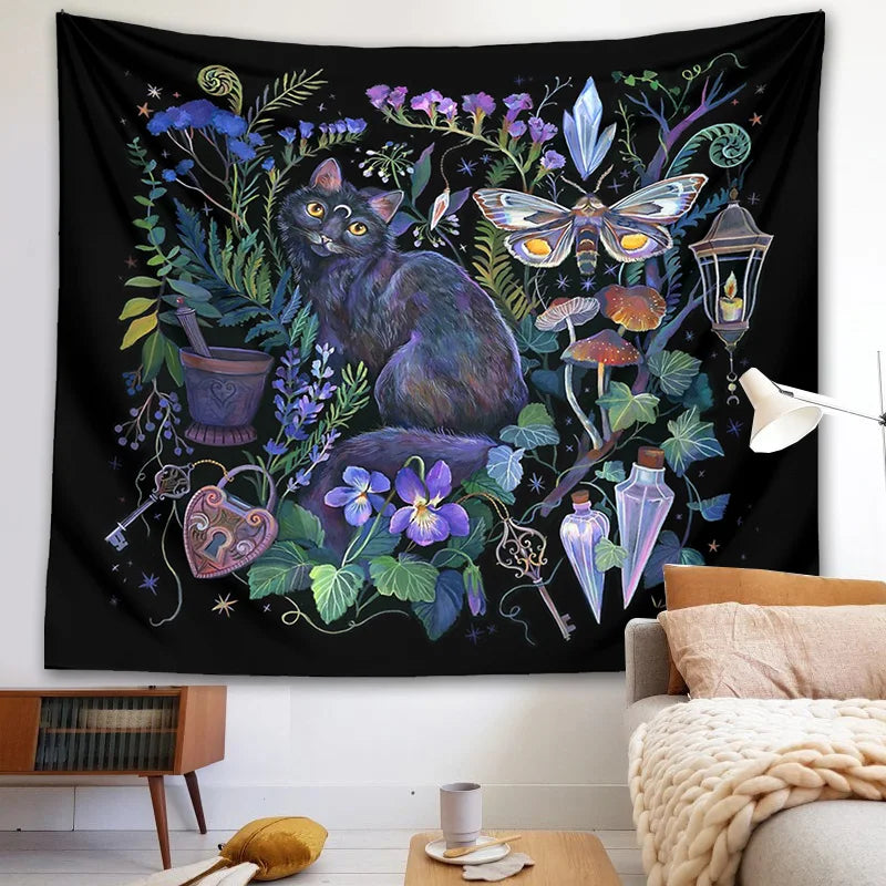 Boho Garden Tapestry Moon Moth Psychedelic Botanical Wall Hanging by Afralia™.