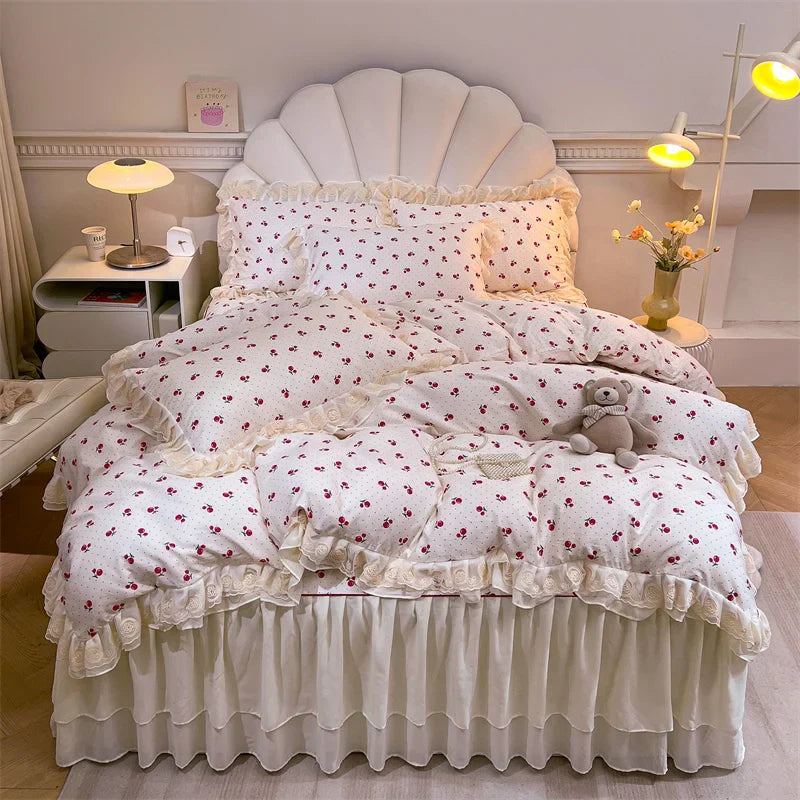 Afralia™ Princess Lace Ruffles Floral Bedding Set with Duvet Cover and Bed Skirt
