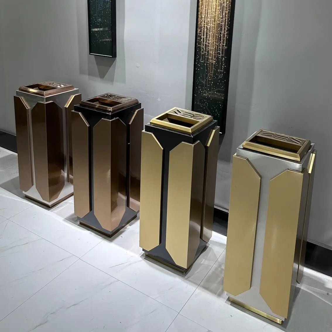 Afralia™ Luxury Steel Waste Bins with Ashtray for Hotel Lobby, Elevator Entrance, and Shopping Mall