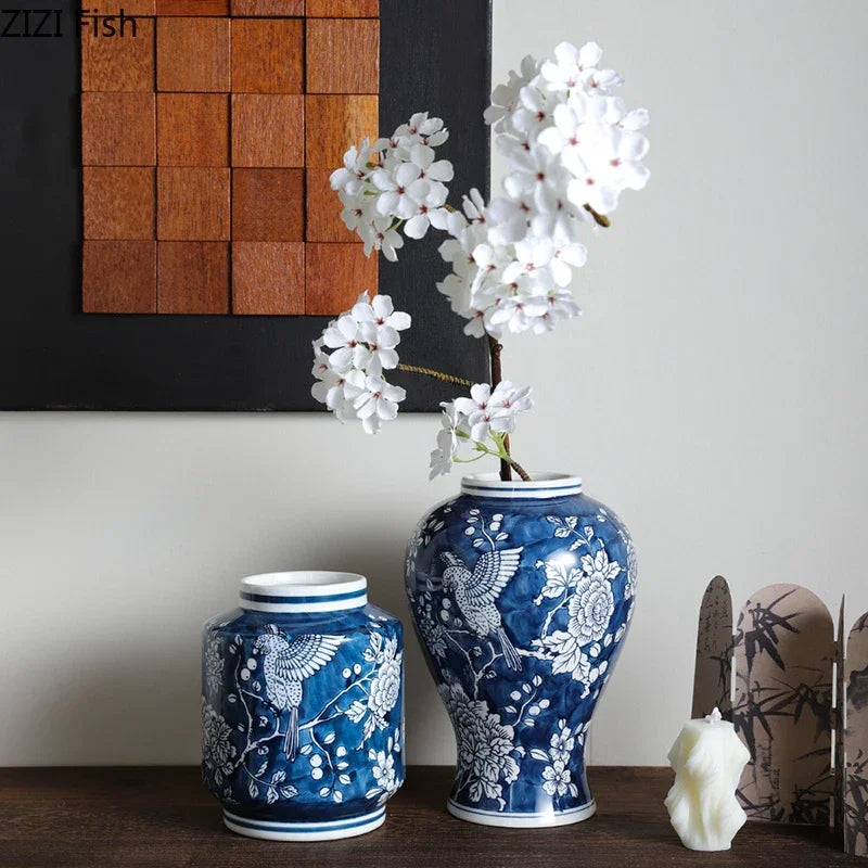 Afralia™ Blue Porcelain Vase: Flowers and Birds Pattern Table Decor Floral Vases Room Aesthetic