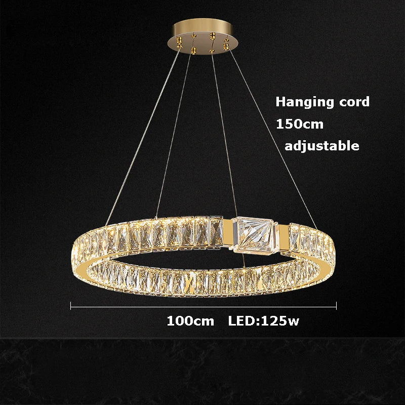 Afralia™ Crystal Block Gold Ring Pendant Light - Luxury Dimmable Ceiling Decor