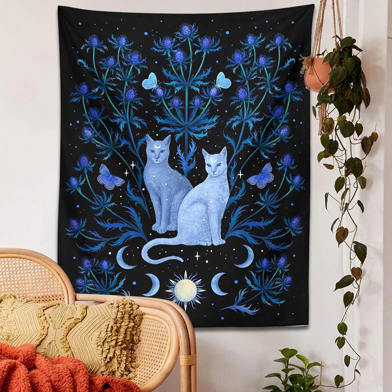 Afralia™ Cat Tapestry Wall Hanging Moon Sun Moth Leaf Flower Occult Home Decor