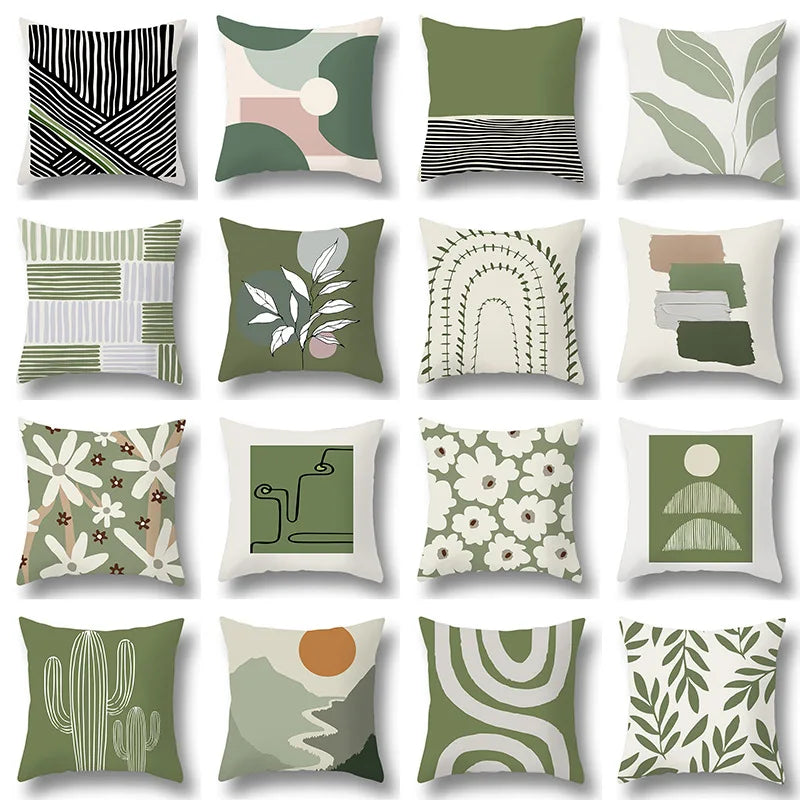 Afralia™ Green Plants Geometric Print Pillow Cover - Home Sofa Cushion Cover