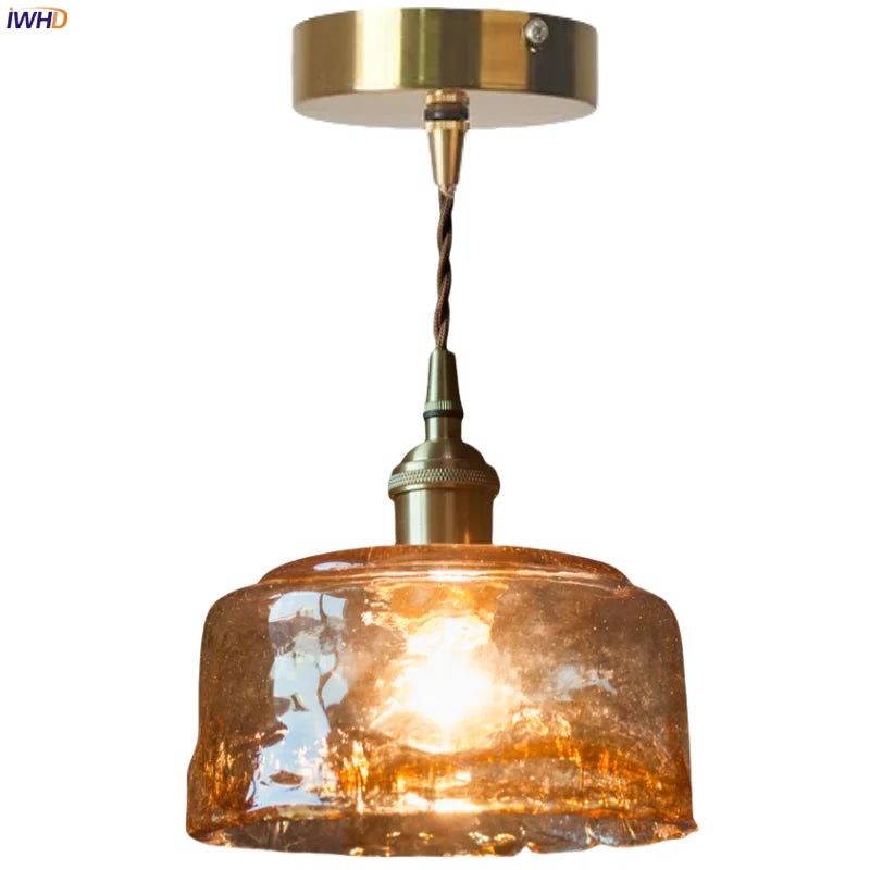 Afralia™ Brass Amber Glass LED Pendant Light for Restaurant Bedside Kitchen Loft Bar