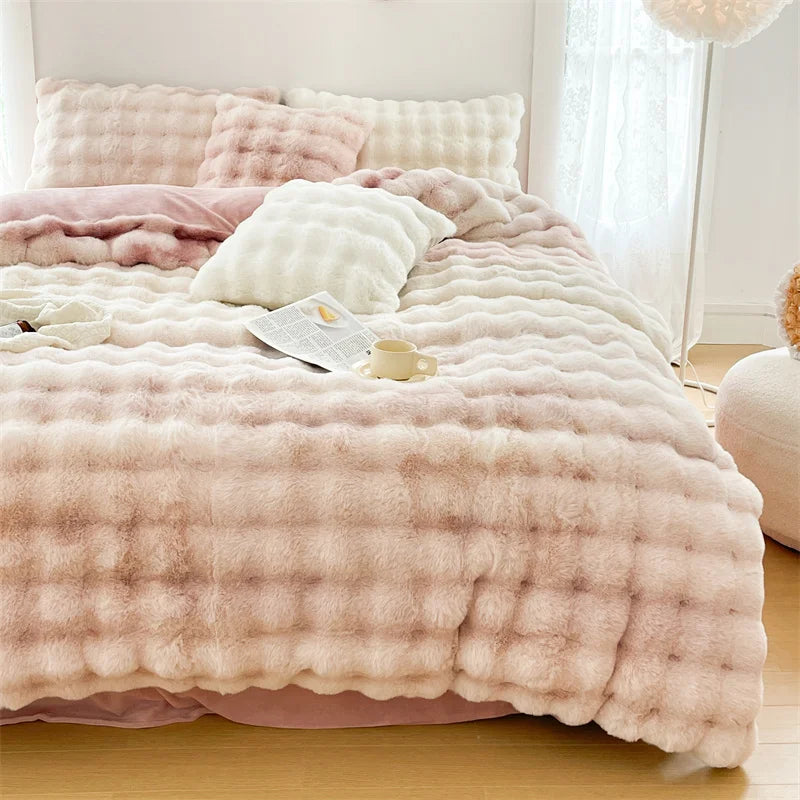 Afralia™ Velvet Fleece Princess Bedding Set in Pink Purple Grey Gradient, Luxury Duvet Cover & Faux Rabbit Fur