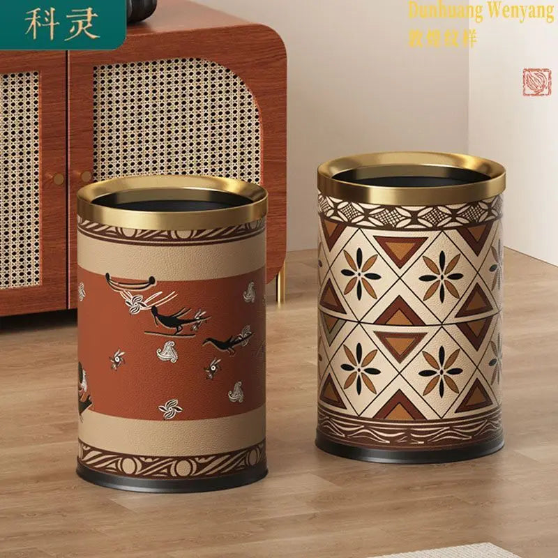 Afralia™ Leather Trash Bin Gold/Silver Metal Large Capacity for Home & Hotel
