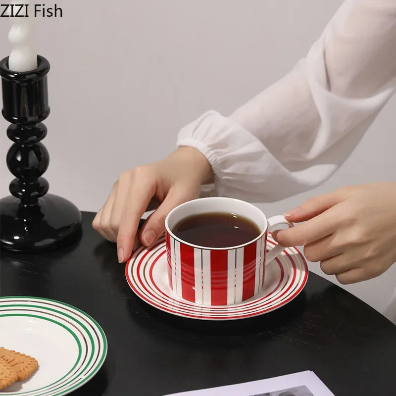 Afralia™ Striped Ceramic Cup & Saucer Set for Tea & Coffee - 250ml